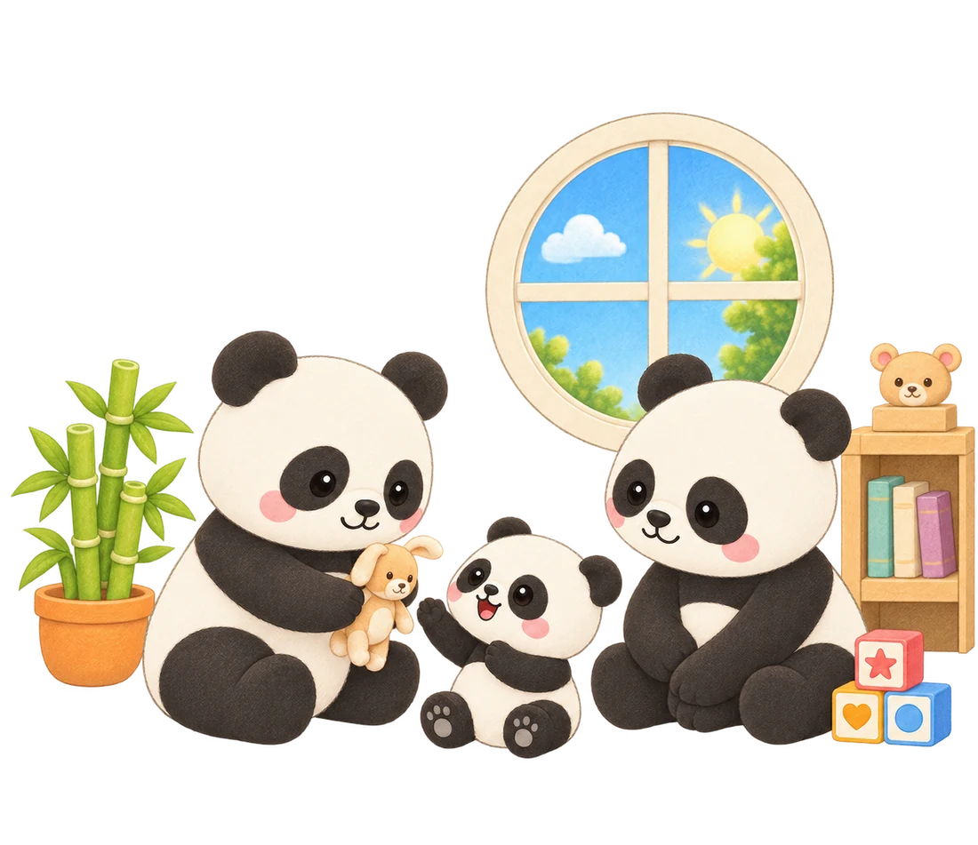 Illustration of the Bamboo panda family at home: two parents and their baby resting together, with a bamboo plant, a bookshelf and toy blocks.