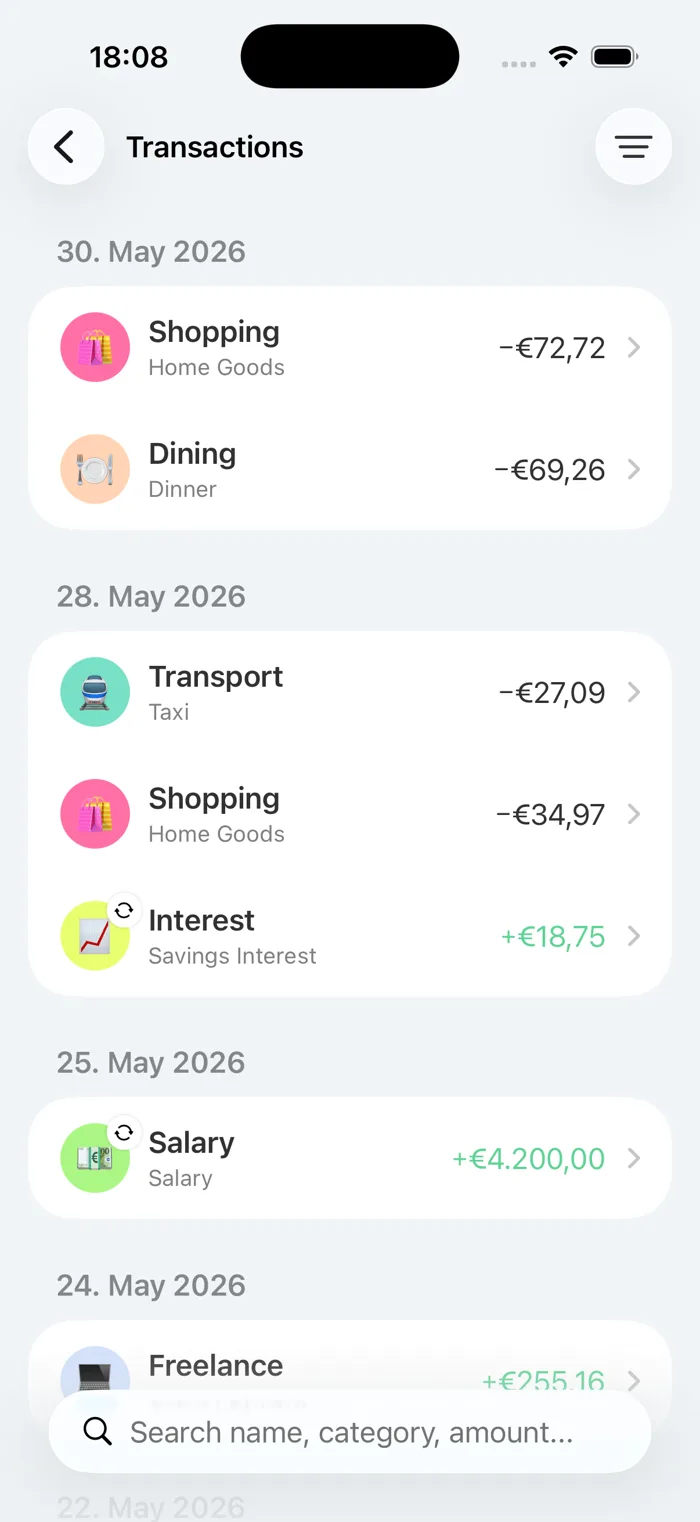 Bottomline transactions grouped by day, with a search field at the bottom.