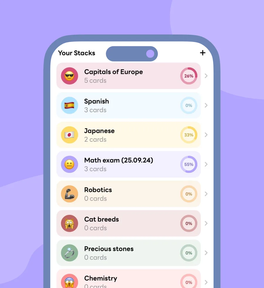 SwiftStudy “Your Stacks” list: Capitals of Europe, Spanish, Japanese, Math exam, Robotics, Cat breeds, Precious stones and Chemistry, each with a progress ring.