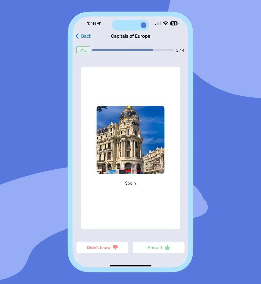 SwiftStudy study mode: a flashcard with a photo of Madrid and the word Spain, above Didn’t know and Knew it buttons.